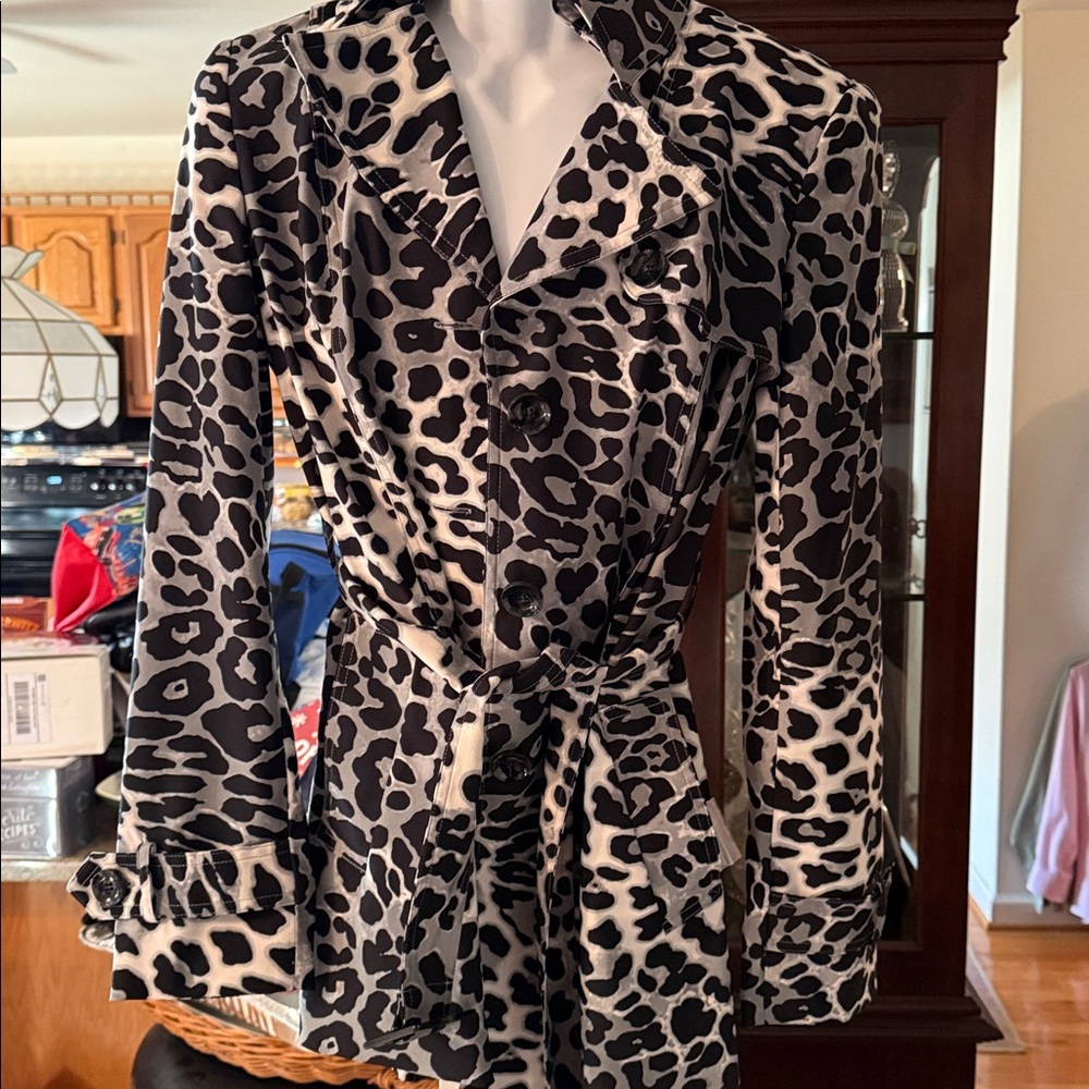 Cache Black and White Animal Print Trench Coat L